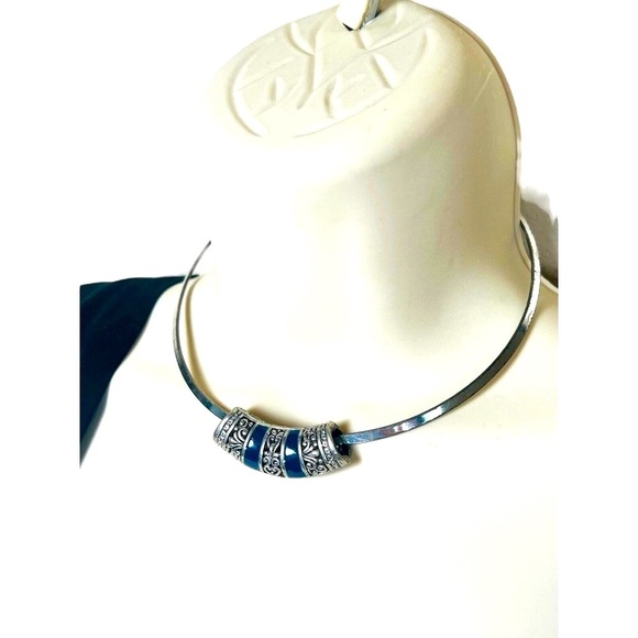 Tibetan Silver Filligree Sliding Pendant Charm Blue EnameL Necklace Choker VNTG - Picture 2 of 8